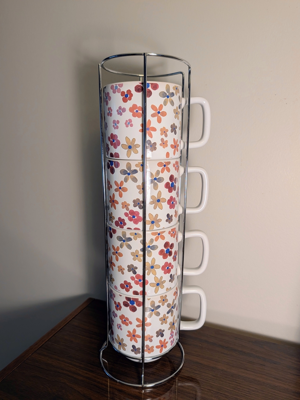 Stackable Floral Mug Set with Holder - White with Colorful Flowers